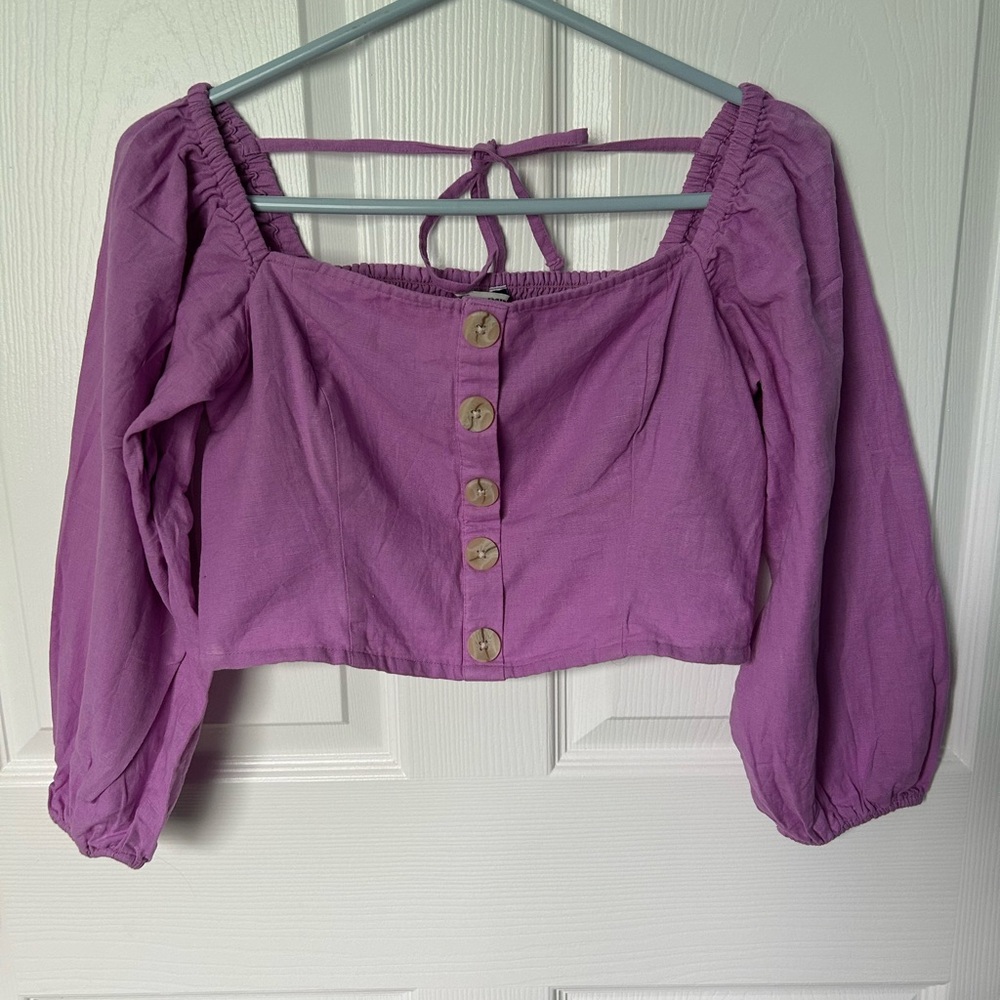American Eagle Purple Linen Button Crop Puff Sleeve Top Size Medium